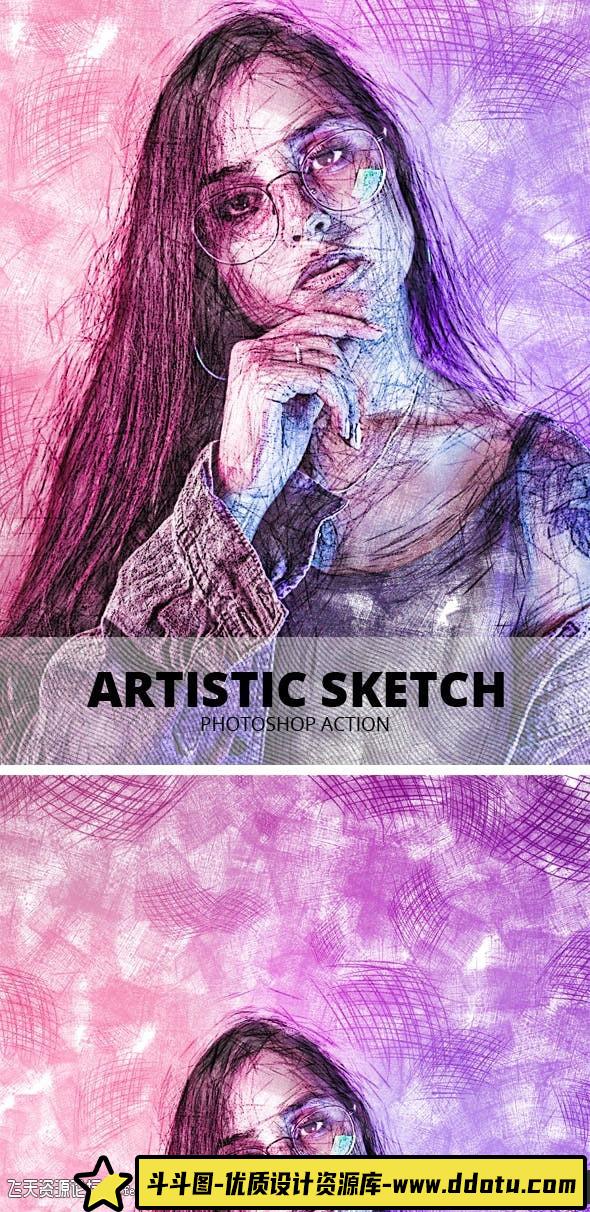 [PS动作下载]艺术素描PS动作 Artistic Sketch Photoshop Action(附视频教程)-斗斗图