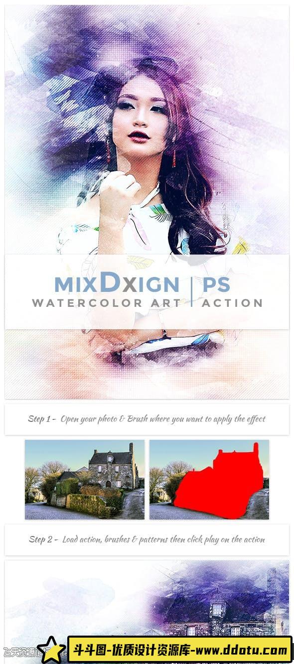 [PS动作下载]混合水彩艺术PS动作 MixDxign Watercolor Art | PS Action-斗斗图