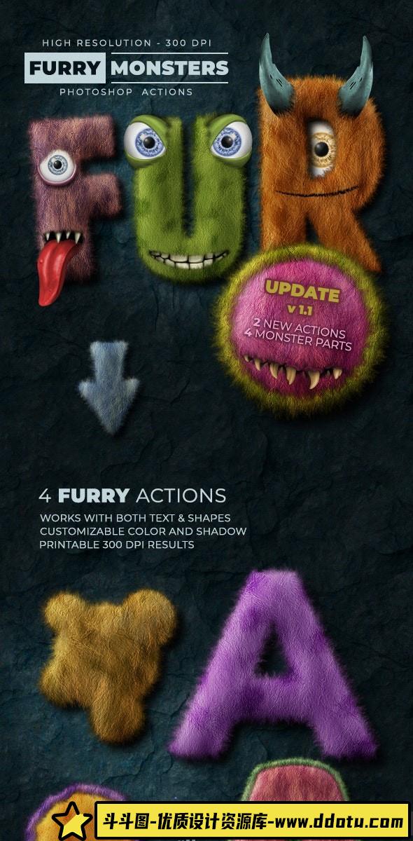 [中文版动作]毛茸玩具怪物中文汉化版PS动作 Furry Monster Actions – 300 DPI-斗斗图