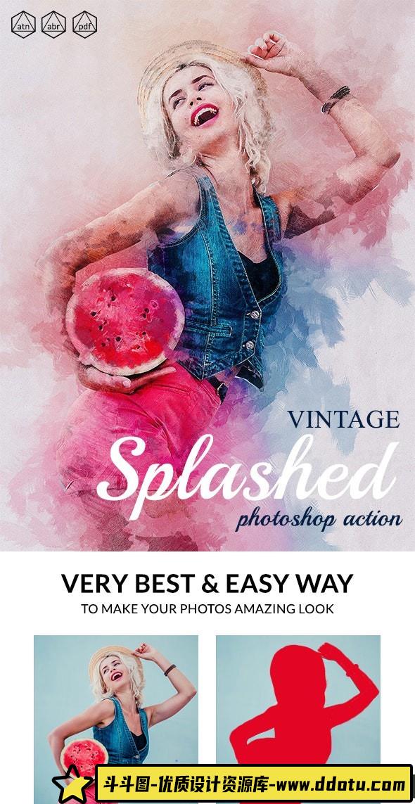 [PS动作下载]复古水墨喷溅涂抹ps动作  Vintage Splashed Photoshop Action-斗斗图