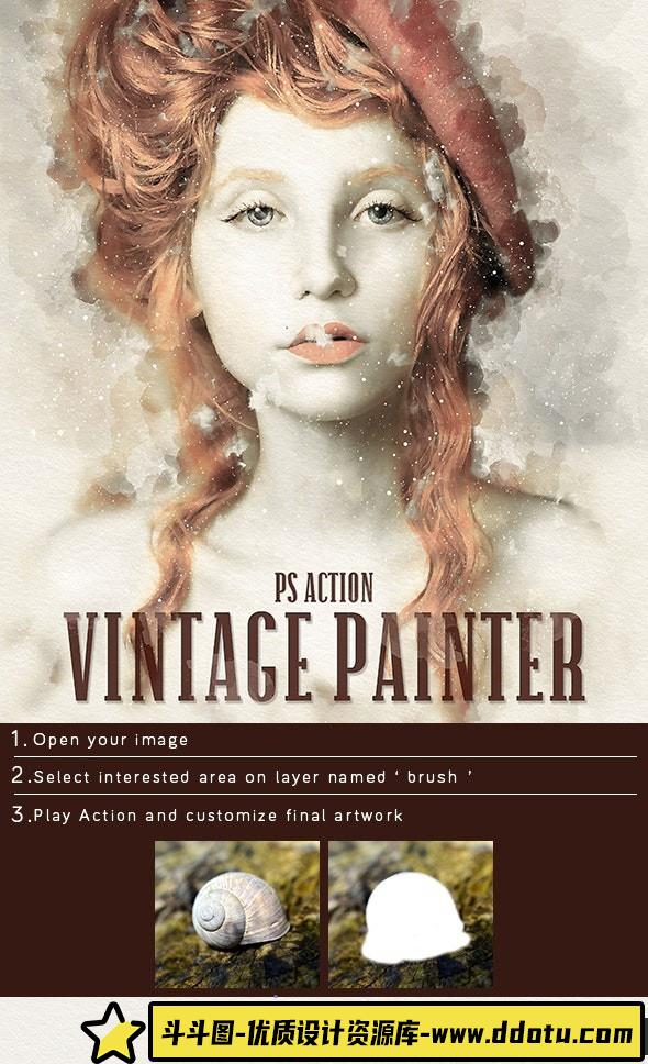 [PS动作下载]复古画家PS动作 Vintage Painter Photoshop Action(附视频教程)-斗斗图