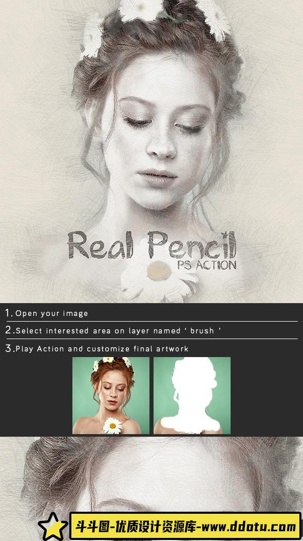 [PS动作下载]真正的铅笔绘画PS动作 Real Pencil Photoshop Action(附视频教程)-斗斗图