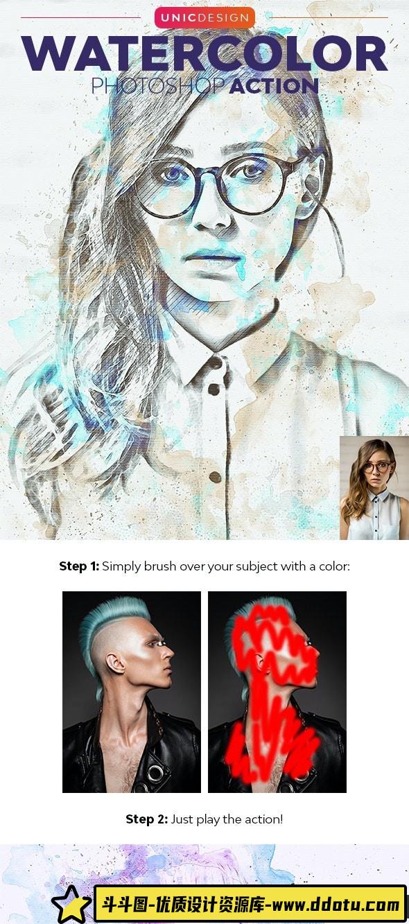 [PS动作下载]照片转水彩画特效PS动作Watercolor Photoshop Action(附视频教程)-斗斗图