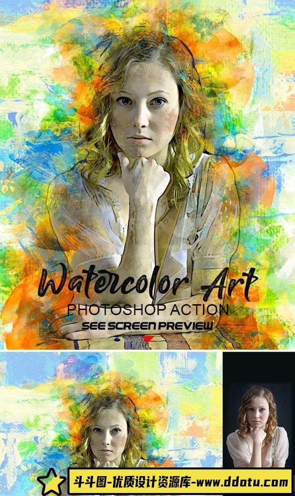 [PS动作下载]水彩画艺术特效PS动作Watercolor Art Photoshop action附视频教程-斗斗图