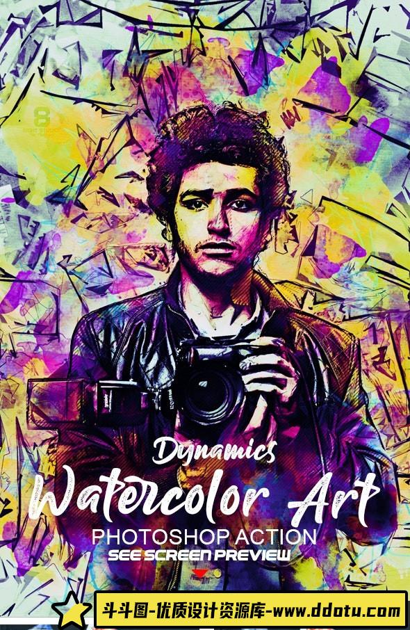 [PS动作下载]动态水彩艺术PS特效动作-Dynamics Watercolor Art action 附视频教程-斗斗图