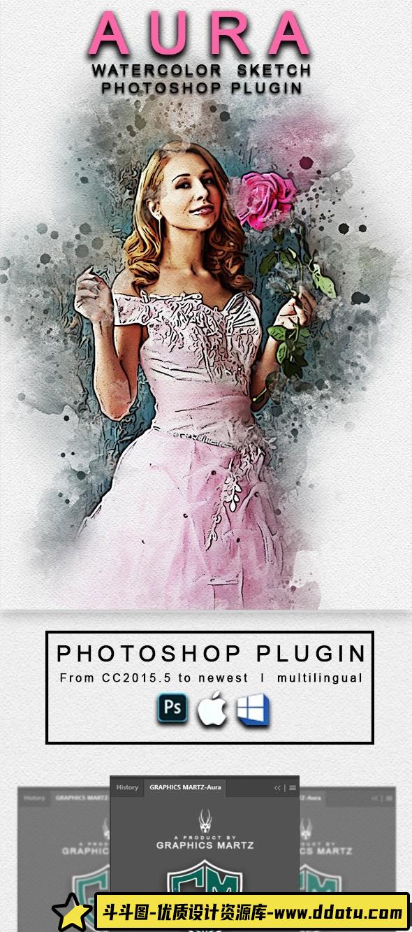 [PS动作下载]水彩素描绘画PS扩展插件 Aura Watercolor Sketch Photoshop Plugin(附教程)-斗斗图