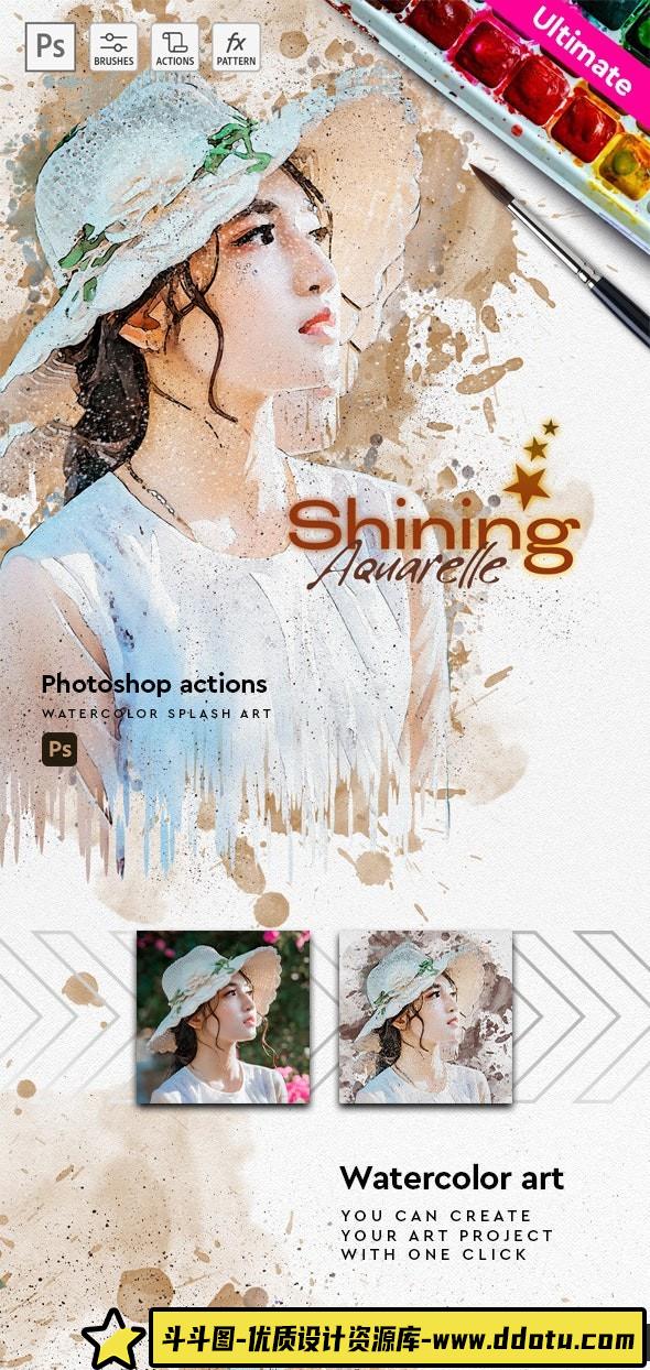 [PS动作下载]闪亮水彩画艺术Photoshop动作 Watercolor – Photoshop Action 附视频教程-斗斗图