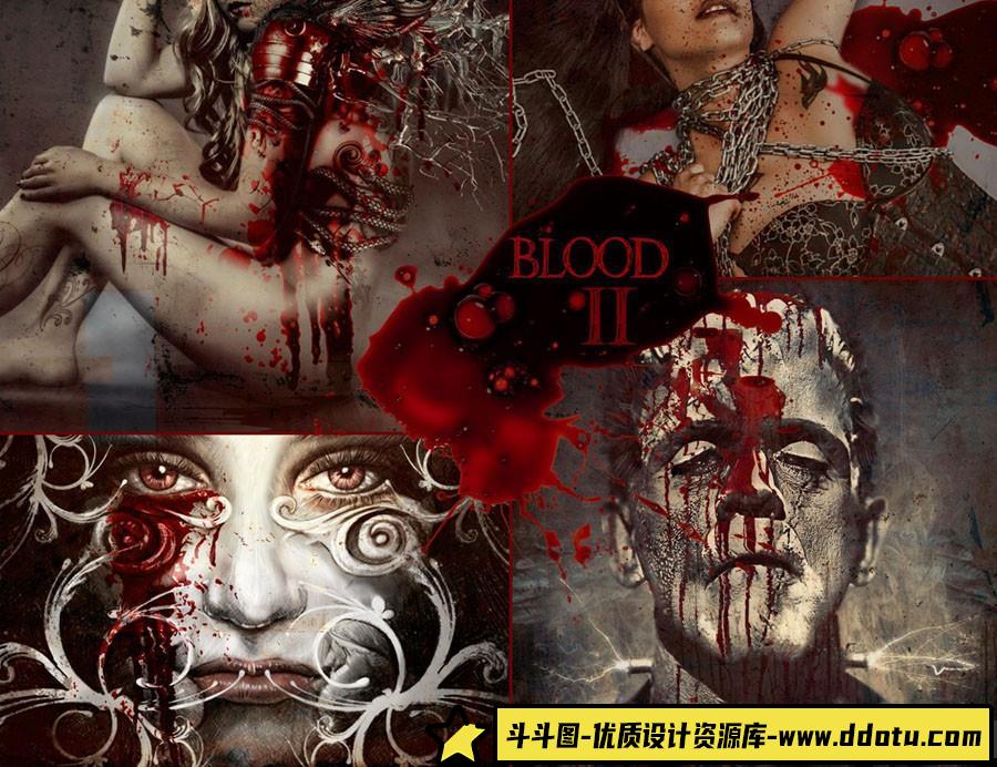 [特效创意笔刷][插件发布]Rons 120组立体喷溅血迹流淌效果PS笔刷(Rons Blood II Brushes)-斗斗图