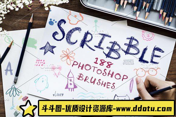 [特效创意笔刷][插件发布]蜡笔手绘绘画笔刷 Scribble-PS Brushes-斗斗图