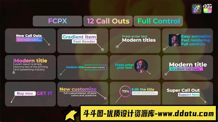 FCPX插件-12组彩色渐变效果字幕fcpx插件 Gradient Call Outs 支持M1-斗斗图