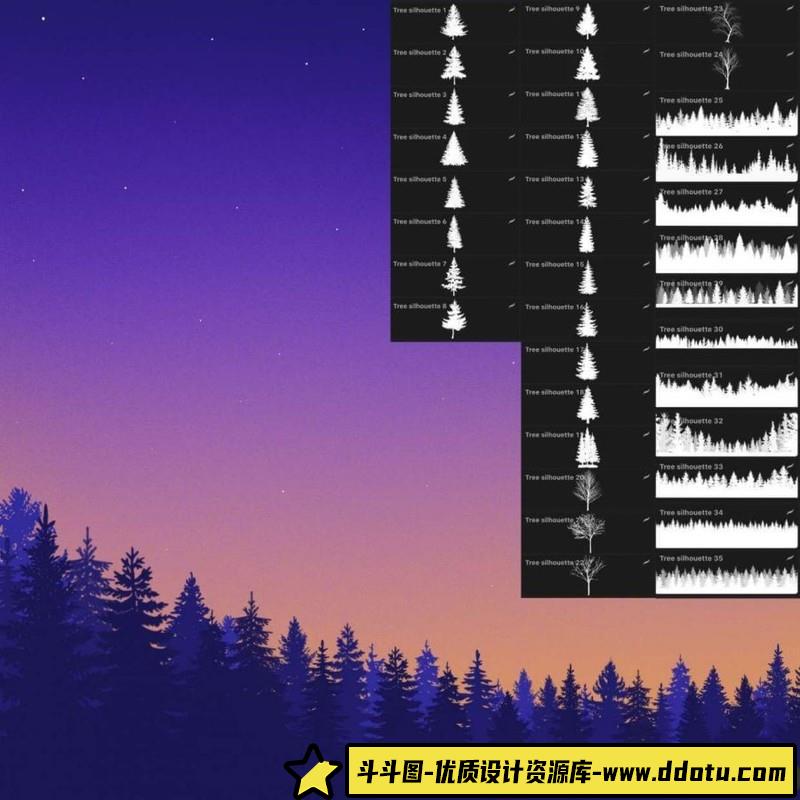 [Procreate笔刷]ipad笔刷树林森林树木Procreate笔刷-斗斗图