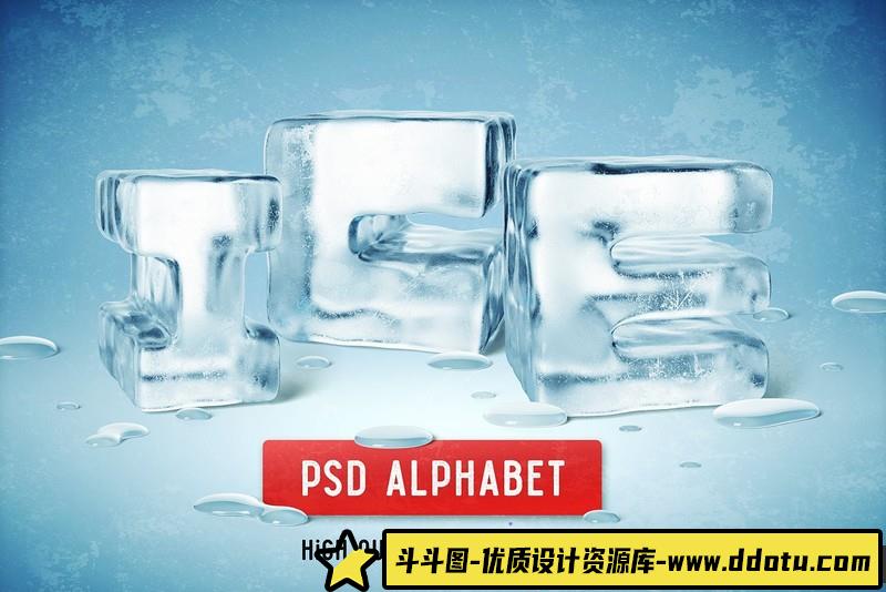 [艺术字体]很有创意的结冰冰块英文字母PSD素材-斗斗图