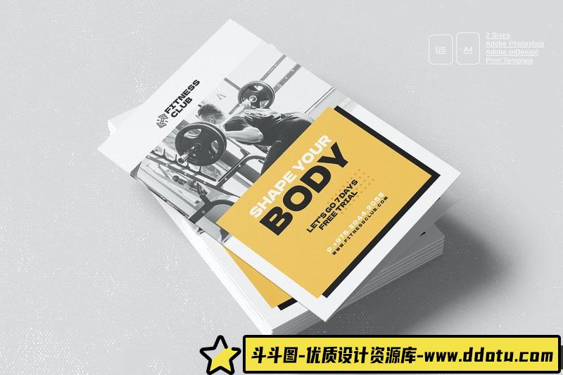 [包装画册]健身双折页小册子平时的模板FitnessBifoldBrochure-斗斗图