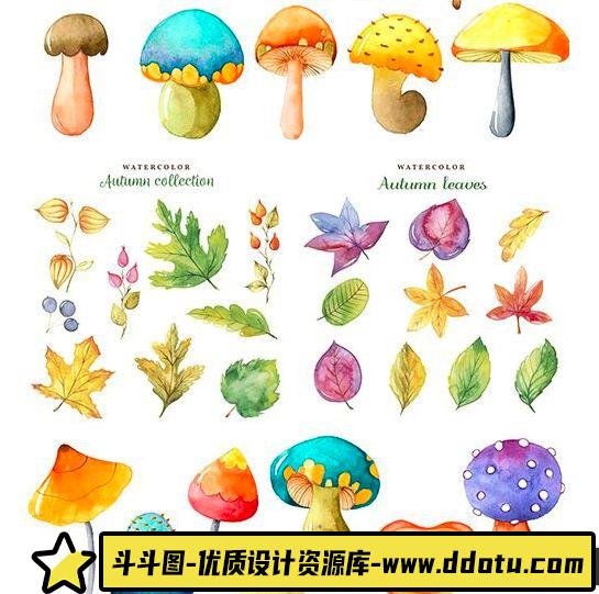 水墨水彩水彩蘑菇秋叶矢量素材-斗斗图