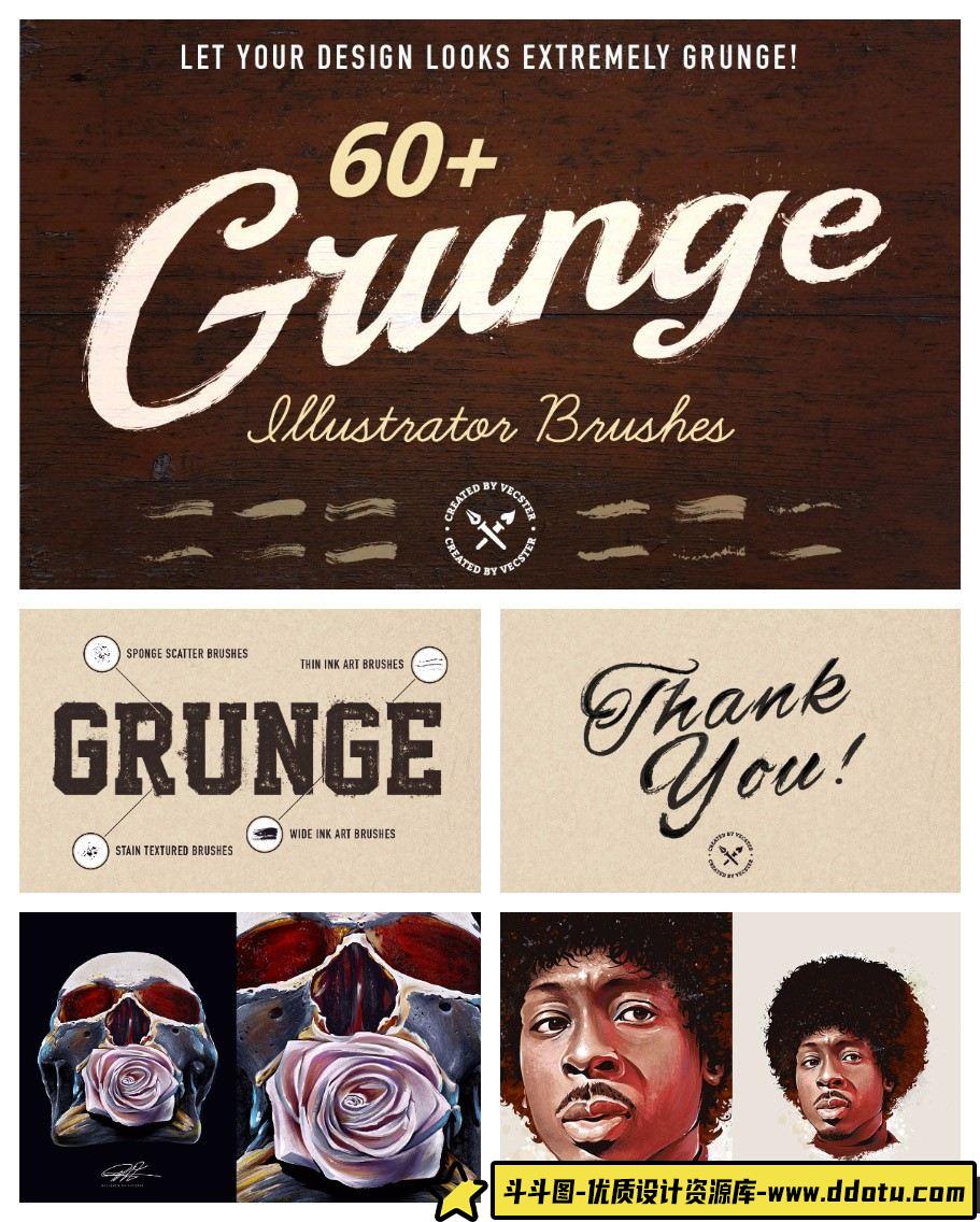 AI笔刷60多种完美的手工墨水Illustrator画笔60+ Grunge Illustrator Brushes-斗斗图