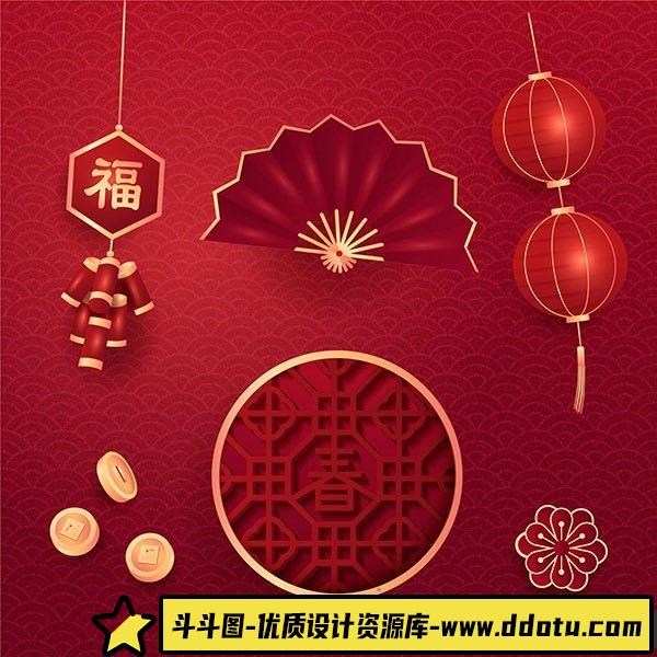 传统图案新年春节元素,灯笼,中国结,金币,炮竹矢量素材-斗斗图